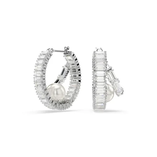 Anneaux d'oreilles Ariana Grande x Swarovski, Crystal Pearl, Taille baguette, Blanches, Métal rhodié