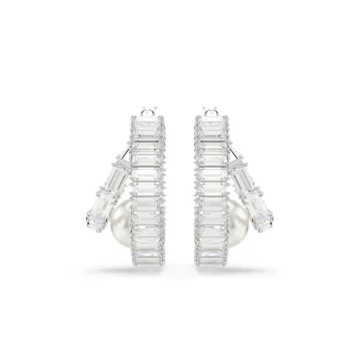 Anneaux d'oreilles Ariana Grande x Swarovski, Crystal Pearl, Taille baguette, Blanches, Métal rhodié