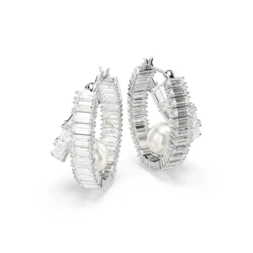 Anneaux d'oreilles Ariana Grande x Swarovski, Crystal Pearl, Taille baguette, Blanches, Métal rhodié
