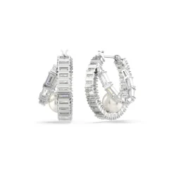 Anneaux d'oreilles Ariana Grande x Swarovski, Crystal Pearl, Taille baguette, Blanches, Métal rhodié