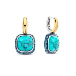 Boucles D'Oreilles Ti Sento - 7968TQ Argent Doré Pierre Veinée Turquoise Carré Et Oxydes De Zirconium Bleus