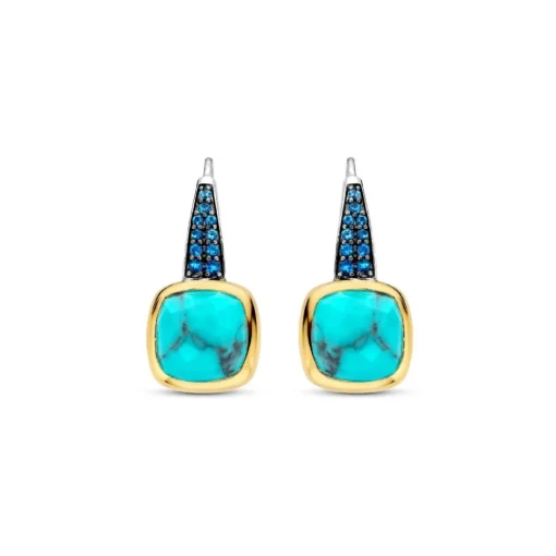 Boucles D'Oreilles Ti Sento - 7969TQ Argent Doré Pierre Veinée Turquoise Carré Et Oxydes De Zirconium Bleus