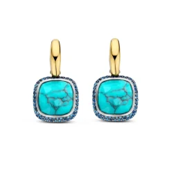 Boucles D'Oreilles Ti Sento - 7968TQ Argent Doré Pierre Veinée Turquoise Carré Et Oxydes De Zirconium Bleus