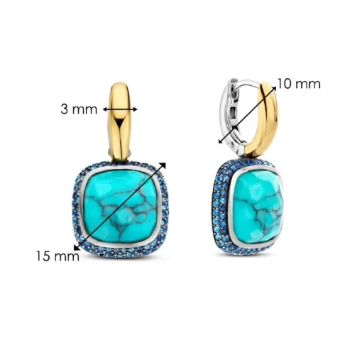 Boucles D'Oreilles Ti Sento - 7968TQ Argent Doré Pierre Veinée Turquoise Carré Et Oxydes De Zirconium Bleus