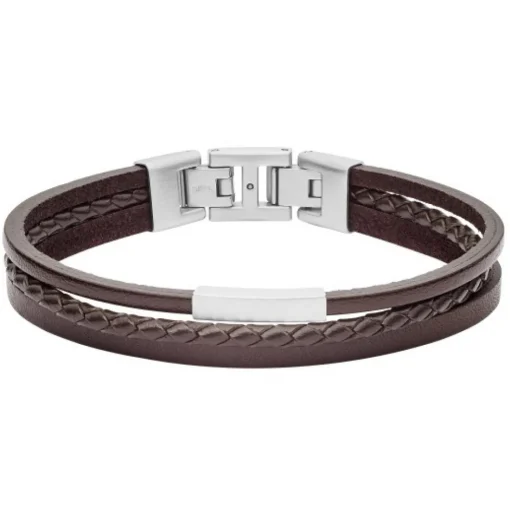 Bracelet Fossil JF03323040 - VINTAGE CASUAL Fermoir Acier Argenté Cuir Marron Homme