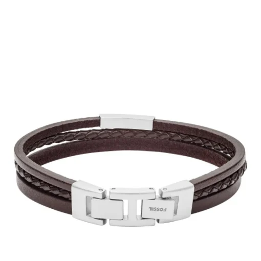 Bracelet Fossil JF03323040 - VINTAGE CASUAL Fermoir Acier Argenté Cuir Marron Homme