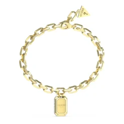 Bracelet Hashtag Guess Acier Doré Maille Gm Et Pampille Cartouche Pavée De Zircons Cubiques