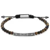 Bracelet Homme ROCHET TALISMAN - oeil de tigre et plaque acier gravé sur cordon coton noir réglable