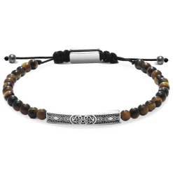 Bracelet Homme ROCHET TALISMAN - oeil de tigre et plaque acier gravé sur cordon coton noir réglable