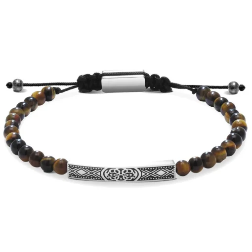 Bracelet Homme ROCHET TALISMAN - oeil de tigre et plaque acier gravé sur cordon coton noir réglable