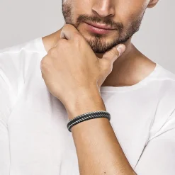 Bracelet Homme acier cuir tressé noir Maison de la Bijouterie 3ZYZY5YZ