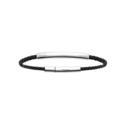 Bracelet Homme plaque acier cuir tressé noir Maison de la Bijouterie 3ZYZZUZU