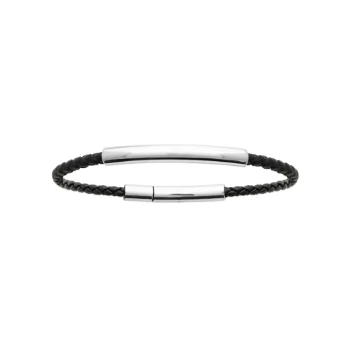 Bracelet Homme plaque acier cuir tressé noir Maison de la Bijouterie 3ZYZZUZU