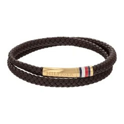 Bracelet Homme Tommy Hilfiger Double - 2790551 Acier, Cuir Doré, Marron