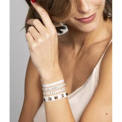 Bracelet Les Interchangeables A35523 - Bracelet Tissu Métal Argenté Beige Femme