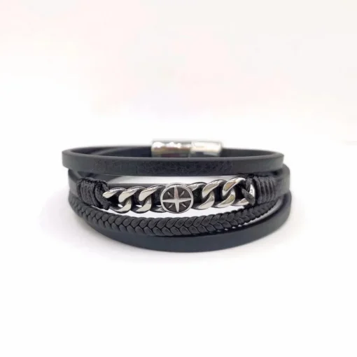Bracelet Redskins Bijoux 285602 - Homme Noir en Cuir Tressé et Acier - Chaînettes Gourmette et Rose des Vents