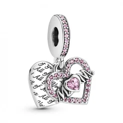 Charm Double Pendant Cœur gravé & Cœur Mum cristaux rose Pandora Passions