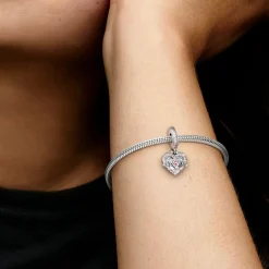 Charm Double Pendant Cœur gravé & Cœur Mum cristaux rose Pandora Passions