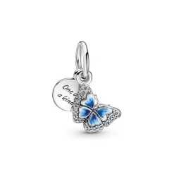 Charm double pendant Pandora Moments Papillon bleu scintillant & Citation