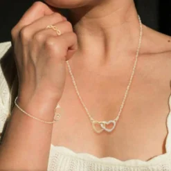 Collier double ceur femme plaqué or blanc serti griffe cœur - UW0UVV4Y