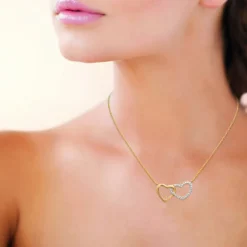 Collier double ceur femme plaqué or blanc serti griffe cœur - UW0UVV4Y