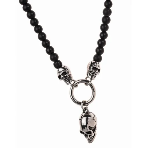 Collier et pendentif Redskins Bijoux 285508 - Homme en Perles Noires et Acier Têtes de Mort