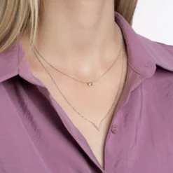 Collier femme argent rhodié blanc serti clos v - VWZU0445