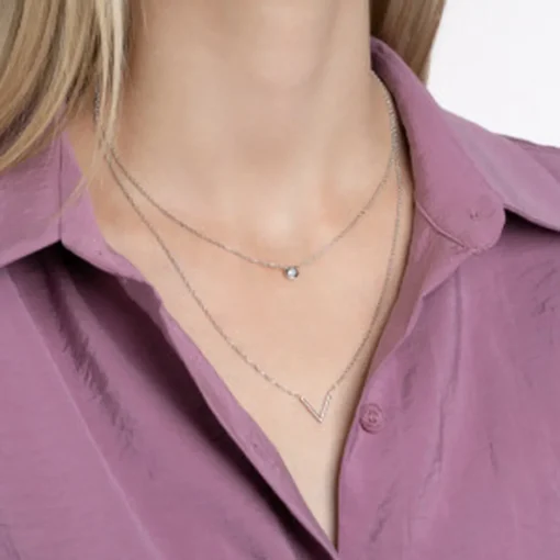 Collier femme argent rhodié blanc serti clos v - VWZU0445
