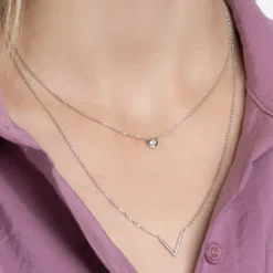Collier femme argent rhodié blanc serti clos v - VWZU0445