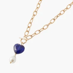 Collier Femme Balaboosté Court Fermoir T Avec Perle D'Imitation Et Perle Forme Cœur - 3502456532762 Métal Bleu